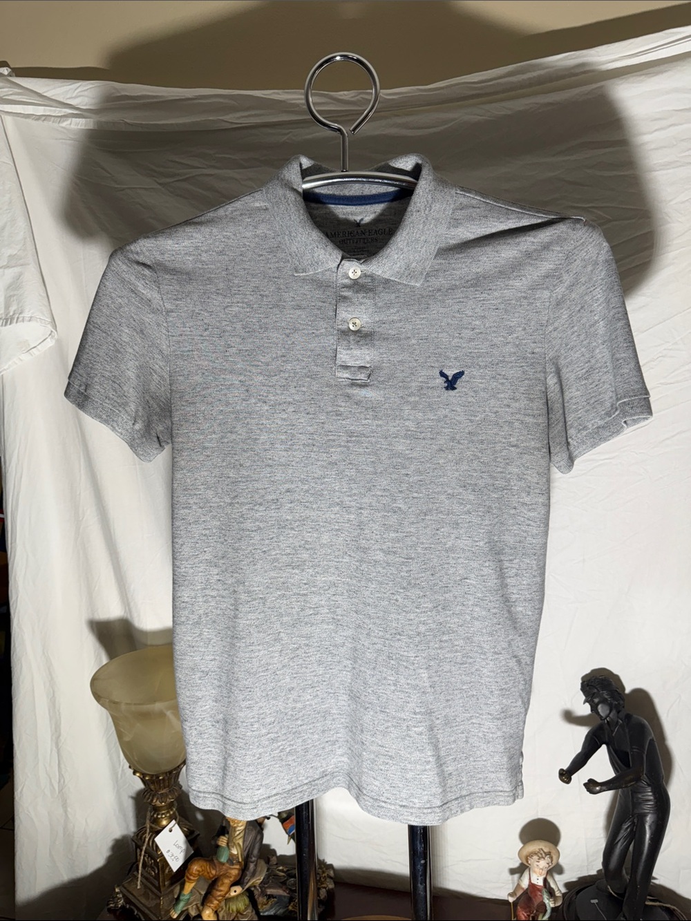 American Eagle Outfitters Gray Polo with Navy Eagle Logo